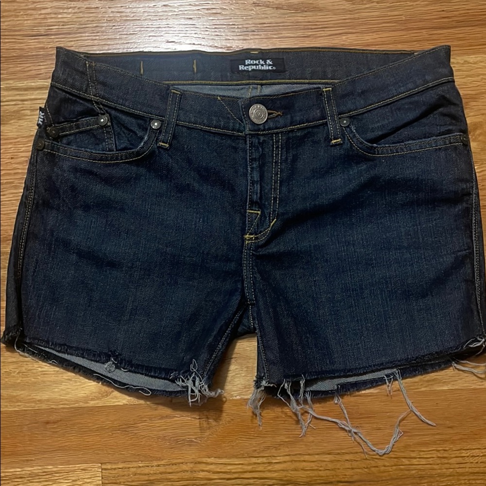 Rock & Republic Dark Blue Frayed Denim Shorts